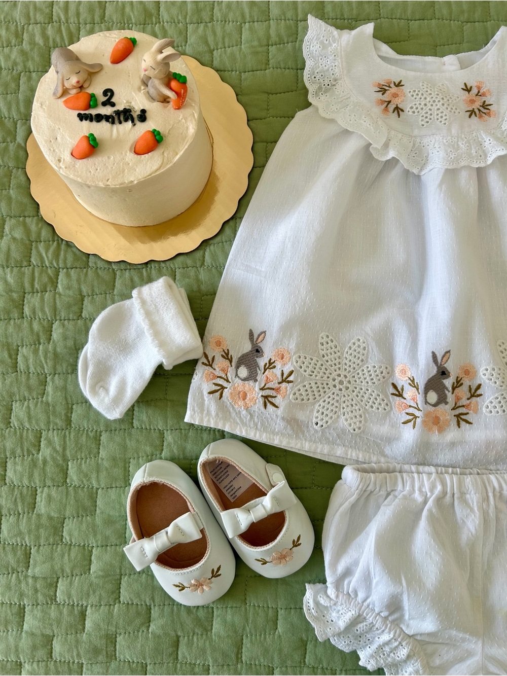 Infant Girl Easter‎ Dress Set – White Lace Trim, Floral Embroidery